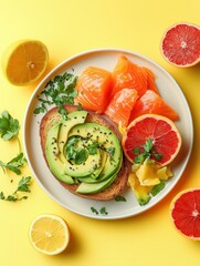 Poster - Start your day with a nutritious breakfast featuring avocado toast topped with salmon and fresh citrus fruits on a bright yellow plate. Generative AI
