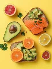Poster - A colorful breakfast spread showcases avocado toast topped with salmon and fresh citrus fruits on a vibrant yellow background. Generative AI