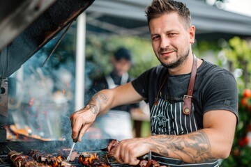 Wall Mural - A person cooking meat on an open flame grill, perfect for outdoor parties or summer gatherings