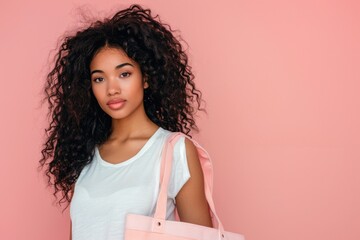 Poster - A young woman holds a pink bag on her arm