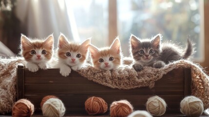 Four adorable kittens sit side by side in a cozy wooden box. Their playful expressions bring joy to any viewer. This cute scene captures the essence of warmth and happiness. AI