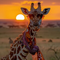 Poster - A giraffe wearing sunglasses and a scarf looks at the camera during sunset. AI.