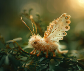 Poster - A fluffy creature with wings perched on a branch. AI.