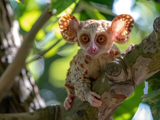 Sticker - A small primate with large eyes and distinctive ears perched on a branch. AI.