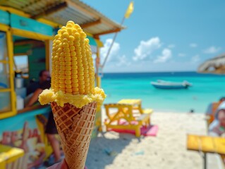 Sticker - A corn on the cob ice cream cone on a beach. AI.