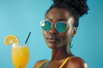 Wall Mural - A woman relaxing outdoors with a refreshing beverage and a slice of lemon