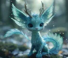 Poster - A small, blue creature with antlers and wings sits in the forest. AI.