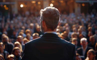 Informative talk: businessperson presents to audience in auditorium, important points, sharing valuable knowledge, nengaging atmosphere for attendees through effective communication techniques.