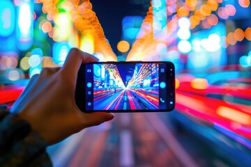 Poster - A person capturing the beauty of a city at night with their camera