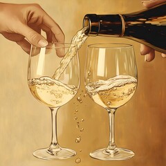 A hand pours white wine into two glasses, creating a cascade of golden liquid.