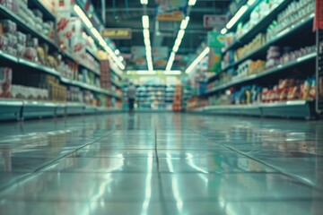 Aufkleber - A typical grocery store aisle with shelves stocked with various goods