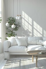 Poster - A cozy living room with a white couch and coffee table, ideal for relaxing or entertaining