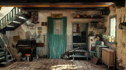 Rustic Interior Design: Vintage Piano and Wooden Stairs in an Old House