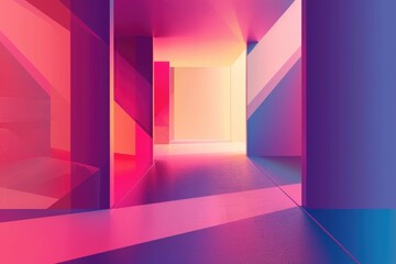 Poster - A long corridor with bright pink and blue walls