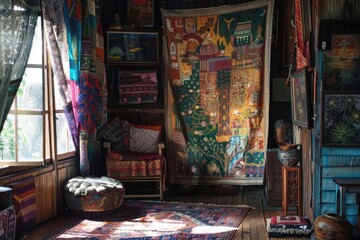 Poster - A cozy room with a vibrant tapestry and a comfortable chair, perfect for reading or relaxation