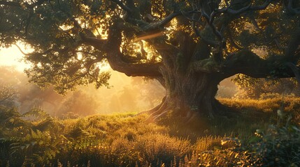 Wall Mural - Ancient Tree bathed in Golden Sunlight