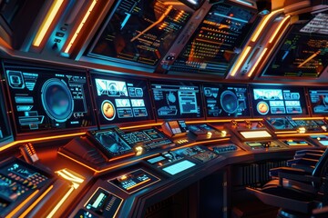 Wall Mural - Control panel with multiple screens showing spacecraft systems and data, ideal for use in sci-fi or futuristic designs