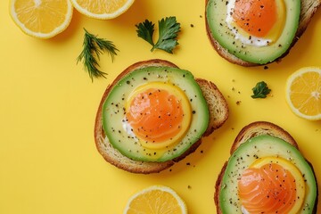 Poster - Enjoy a vibrant breakfast featuring avocado toast topped with egg, paired with fresh citrus on a cheerful yellow backdrop. Generative AI