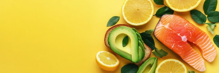 Poster - Enjoy a vibrant breakfast featuring creamy avocado toast, fresh salmon, and zesty citrus slices on a cheerful yellow backdrop. Generative AI