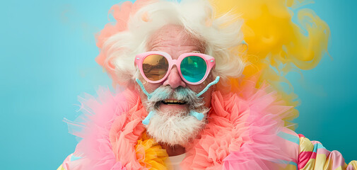 Wall Mural - Wearing a pink wig, glasses, and a pink feather