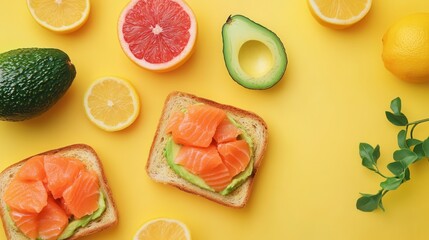 Poster - A vibrant breakfast spread features avocado toast topped with salmon and fresh citrus fruits, creating a healthy and colorful meal. Generative AI