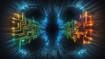 Canvas Print - Symmetrical circuit board art with central hexagon and glowing paths