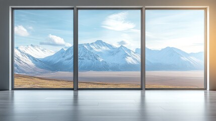 Wall Mural - A window with a view of mountains and a snowy landscape. The mountains are covered in snow and the landscape is barren