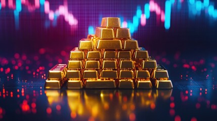 Stacks of gold bars forming a pyramid with stock market charts on a black background.