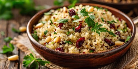 Canvas Print - Quinoa Pilaf topped with parsley pine nuts and cranberries in a bowl