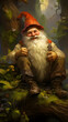 © Matilda - Enchanting Woodland Scene with a Cheerful Gnome Seated on a Tree Stump Illuminated by a Lantern