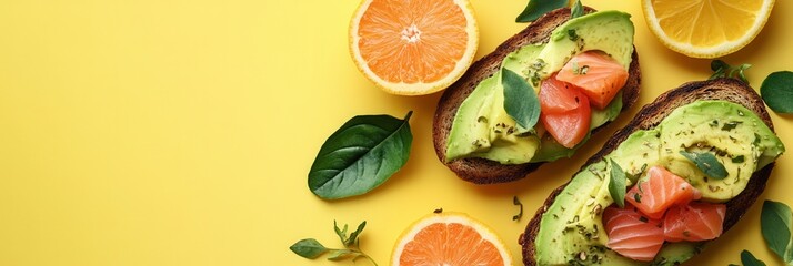 Aufkleber - Savor a nutritious breakfast with avocado toast topped with salmon and fresh citrus slices against a bright yellow backdrop. Generative AI