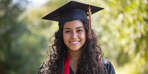 Canvas Print - indigenous graduate student girl portrait wearing graduation hat and gown