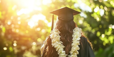 Wall Mural - A woman wearing a graduation cap, gown, and long white floral lei, signaling the achievement of completing a degree. concept of graduation. 