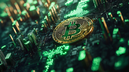 Bitcoin On Green Circuitry - Bitcoin, Cryptocurrency, Digital, Currency, Blockchain, Coin, Finance, Electronic, Crypto, Technology, Investment, Virtual, Money