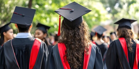 Wall Mural - diverse students in graduation ceremony gowns at school or college with mortar board hat, back view, red trim