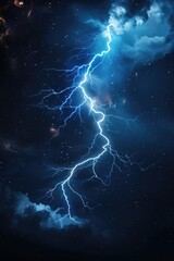 Poster - A bright flash of electricity illuminates the dark blue sky, with clouds illuminated by the sudden storm
