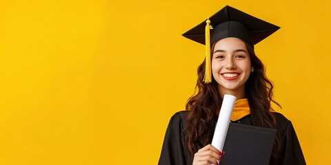 Poster - A happy young woman dressed in a graduation gown proudly holds a diploma on yellow background. The student is adorned in traditional graduation attire, including a cap and gown