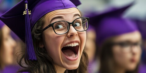 Poster - A close-up shot captures the excitement of a female student wearing glasses and a purple graduation gown, her eyes brimming with anticipation and accomplishment 