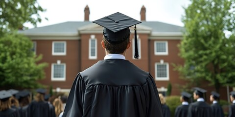 Wall Mural - Back view of a male graduate student wearing a black graduation gown and cap, standing in front of a college building with other students during a ceremony.