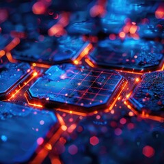 Poster - Closeup of Futuristic Circuit Board with Neon Red and Blue Lights