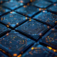 Poster - Futuristic Digital Microchip with Blue Neon Lights