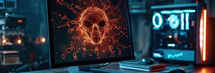 Poster - Cybersecurity Threat with Digital Skull on Monitor