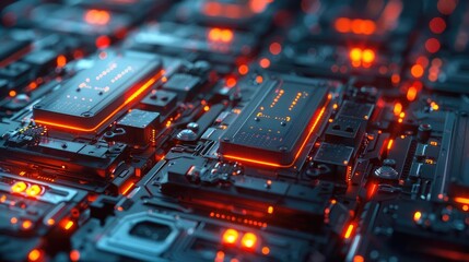 Poster - Futuristic Circuit Board with Glowing Red Components