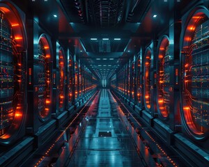 Poster - Underground Futuristic Data Center Corridor with Glowing Neon Lights