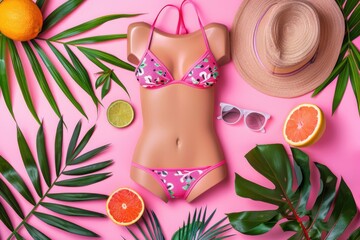 Poster - A woman wearing a bikini top sits amidst a colorful arrangement of tropical fruit and palm leaves
