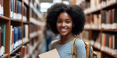 Poster - Brazilian university student and library campus with black woman. Gen Z girl with bookcase, exam project investigation, and academic understanding.