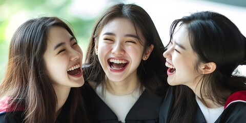 Poster - Group of three Asian female, friends graduating from college laughing together