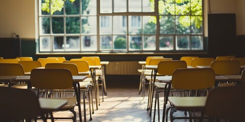 Wall Mural - A classroom setting with a blurred background and an empty student desk arrangement