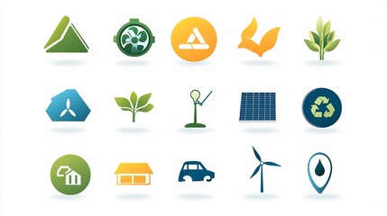 Eco Icons Icons representing ecofriendly concepts recycling symbol solar panel electric car water droplet wind turbine design should reflect simplicity and sustainability using basic shapes and lines