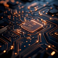Poster - Luminous Circuit Board Traceries Across a Shadowy Plane Streamlined Tech Elements with Metallic Sheen and Dramatic Lighting